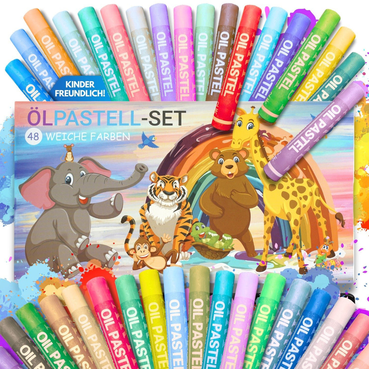 WEICHE ÖLPASTELLKREIDEN - 48 FARBEN FÜR KLEINE KÜNSTLER - KINDERFREUNDLICHES DESIGN, BUNTE TIERWELT - Sabbatbox