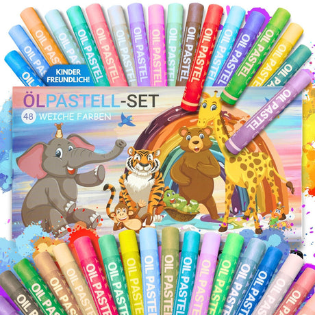 WEICHE ÖLPASTELLKREIDEN - 48 FARBEN FÜR KLEINE KÜNSTLER - KINDERFREUNDLICHES DESIGN, BUNTE TIERWELT - Sabbatbox